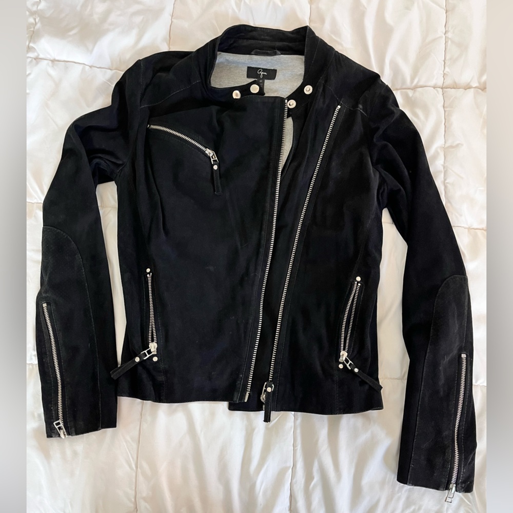 Aqua Black suede Leather Jacket with Silver Accents jersey lining comfortable M